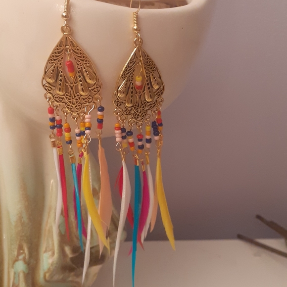 Earrings Bohemian Feather Long Dangle Indian - Picture 6 of 6